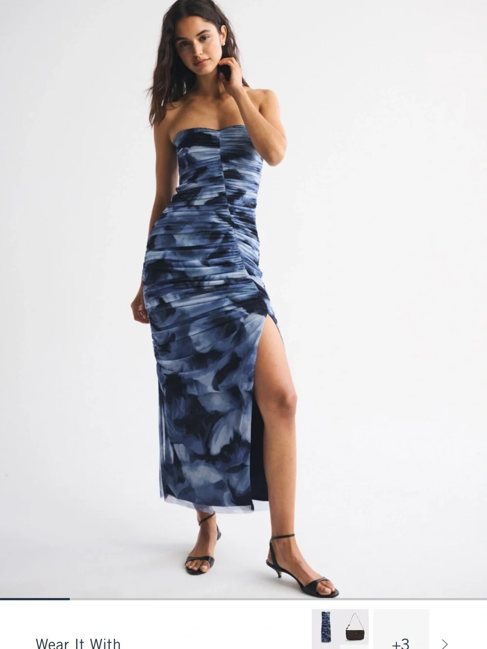 Abercrombie & Fitch Strapless Navy Blue Abstract Ruched Maxi Dress